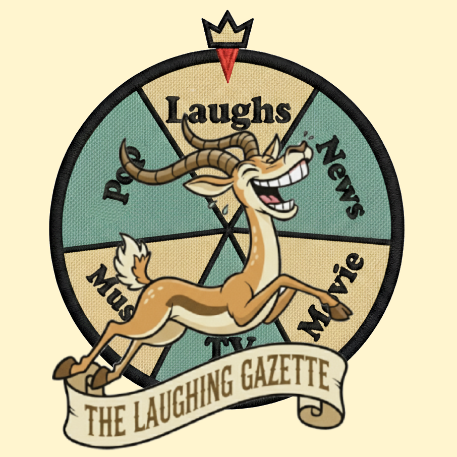 The Laughing Gazette mascot logo of a gazelle on a carnival wheel with the company name on a banner.